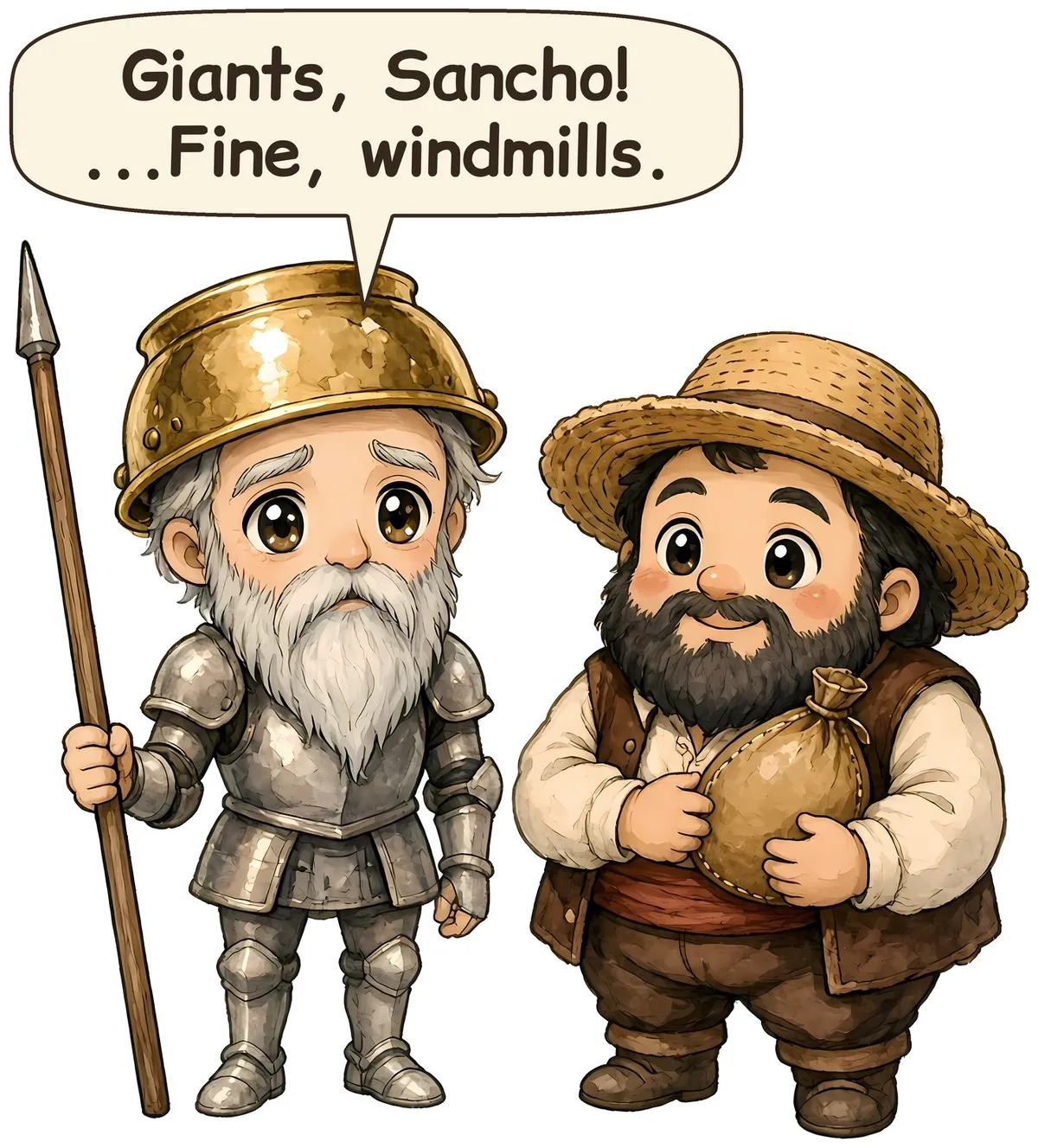 Don Quixote and Sancho Panza storybook watercolor design