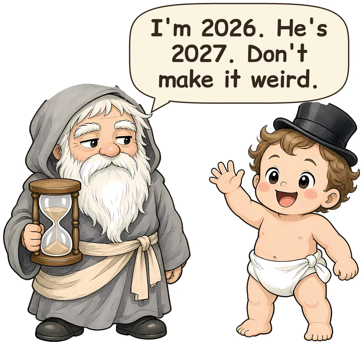Father Time and Baby New Year storybook watercolor design