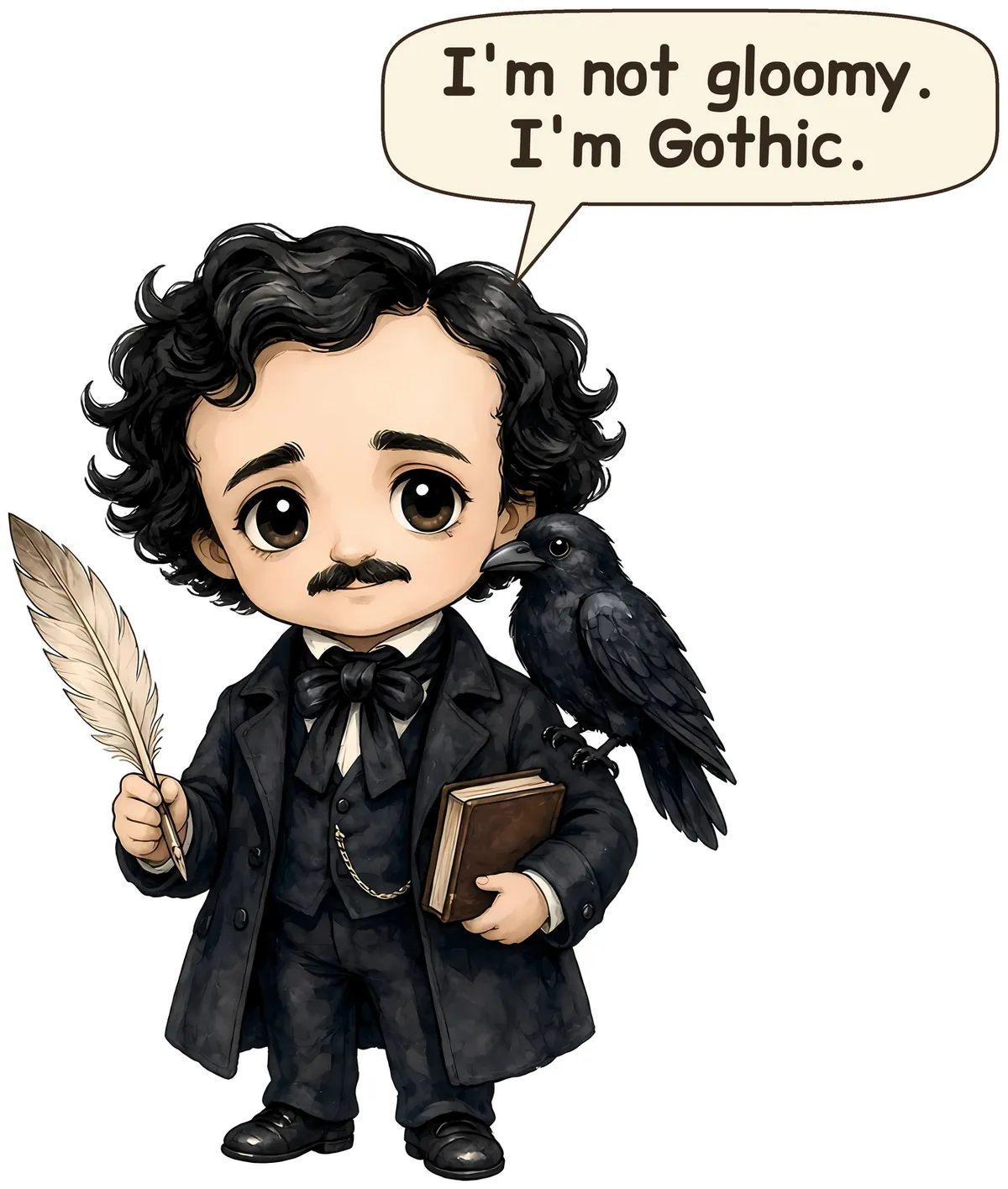 Edgar Allan Poe with Quill and Book storybook watercolor design
