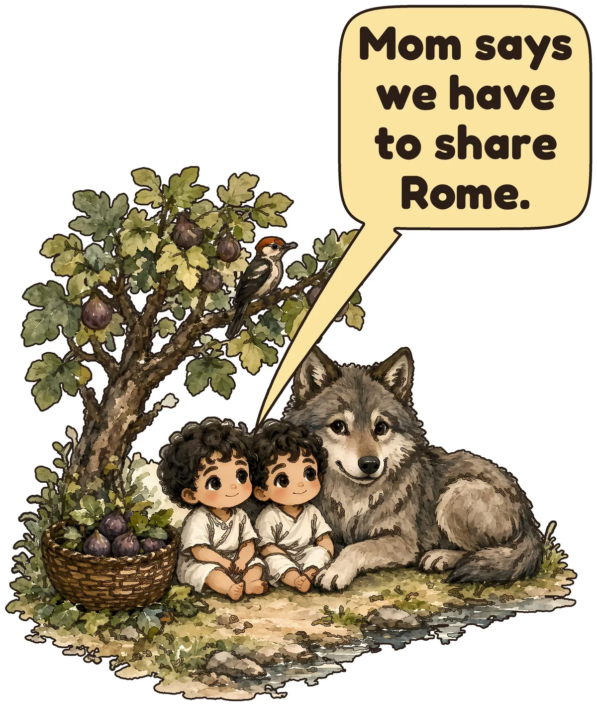 Romulus and Remus storybook watercolor design
