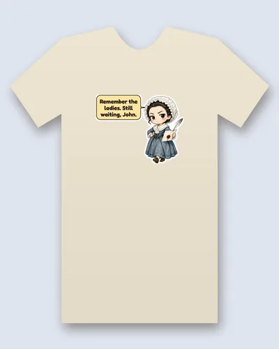 Abigail Adams tee mockup: Abigail Adams in a ruffled white bonnet and blue dress, eyebrows raised, holding a quill and a letter sealed with red wax, saying “Remember the ladies. Still waiting, John.”