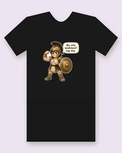 Achilles tee mockup: A Greek warrior in a bronze crested helmet flexing with a round shield, saying “My only weakness? Leg day.”