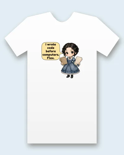 Ada Lovelace tee mockup: Ada Lovelace in a blue 1840s dress, holding a punch card and a page of notes, saying “I wrote code before computers. Flex.”