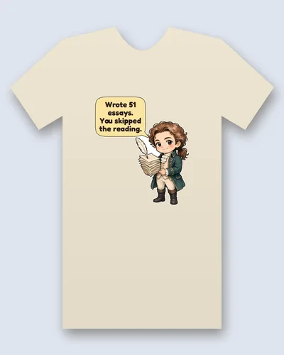 Alexander Hamilton tee mockup: Alexander Hamilton with long auburn curls tied back, a green coat and cream waistcoat, holding a tall stack of handwritten pages and a quill, saying “Wrote 51 essays. You skipped the reading.”