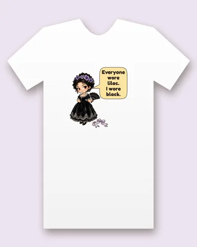 Anna Karenina tee mockup: A young woman in a black velvet gown with lace trim, purple flowers in her dark curls and a black fan, with a lilac ribbon at her feet, saying “Everyone wore lilac. I wore black.”