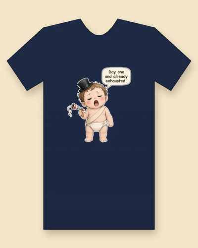 Baby New Year tee mockup: a sleepy, yawning baby in a black top hat, a diaper and a sash, holding a party horn, saying “Day one and already exhausted.”