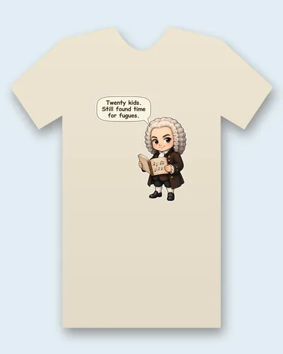 Johann Sebastian Bach tee mockup: Johann Sebastian Bach in a curly grey-white periwig, a dark brown coat with brass buttons and a white neckcloth, holding an open book of music, saying “Twenty kids. Still found time for fugues.”