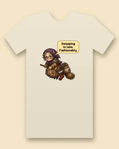 Befana tee mockup: A smiling old woman with round glasses in a purple patched headscarf, a brown shawl and a patched apron, riding a straw broom with a red stocking and a sack of wrapped gifts, with a speech bubble beside her, saying “Sweeping in late. Fashionably.”