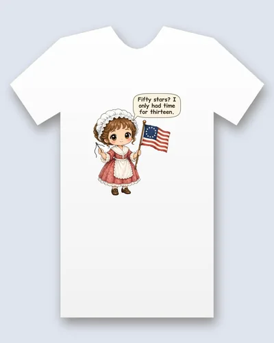Betsy Ross tee mockup: Betsy Ross in a bonnet, red dress and white apron, holding a needle and a thirteen-star flag, saying “Fifty stars? I only had time for thirteen.”