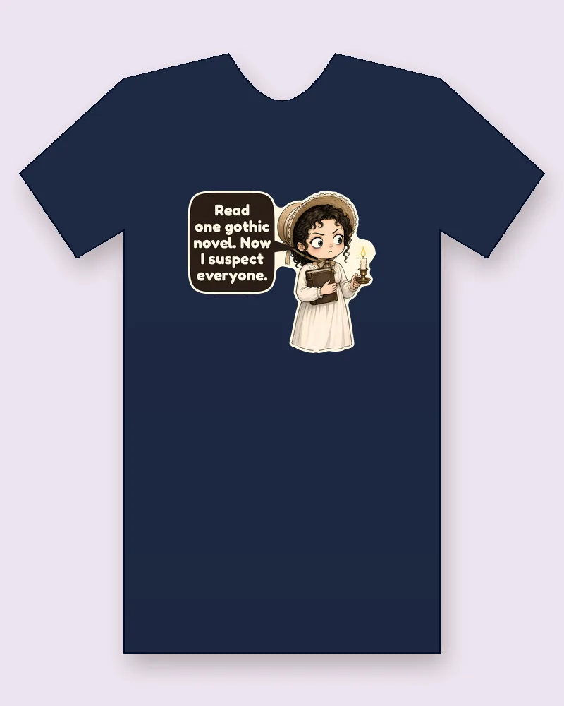 Catherine Morland on a navy tee mockup