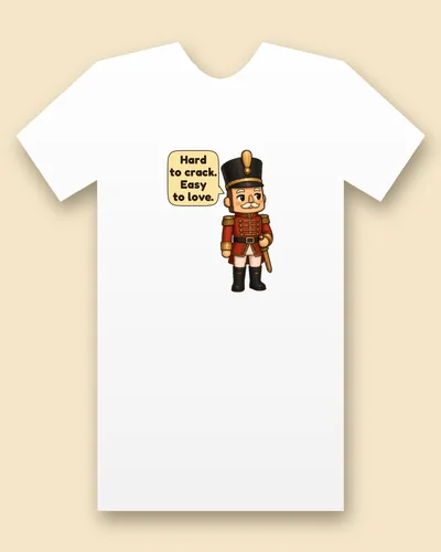Christmas Toy Soldier tee mockup: A wooden toy soldier in a tall black hat with a gold top, a red coat with gold braid and gold epaulettes, and a small wooden sword, saying “Hard to crack. Easy to love.”