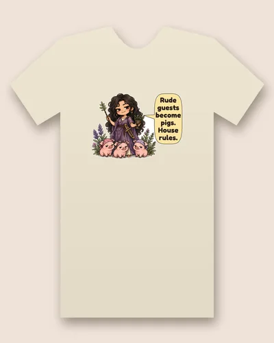 Greek Sorceress tee mockup: A young sorceress with long dark wavy hair in a purple robe holding a leafy wand and a goblet of herbs, with three small pigs wearing headscarves at her feet and a speech bubble beside her, saying “Rude guests become pigs. House rules.”