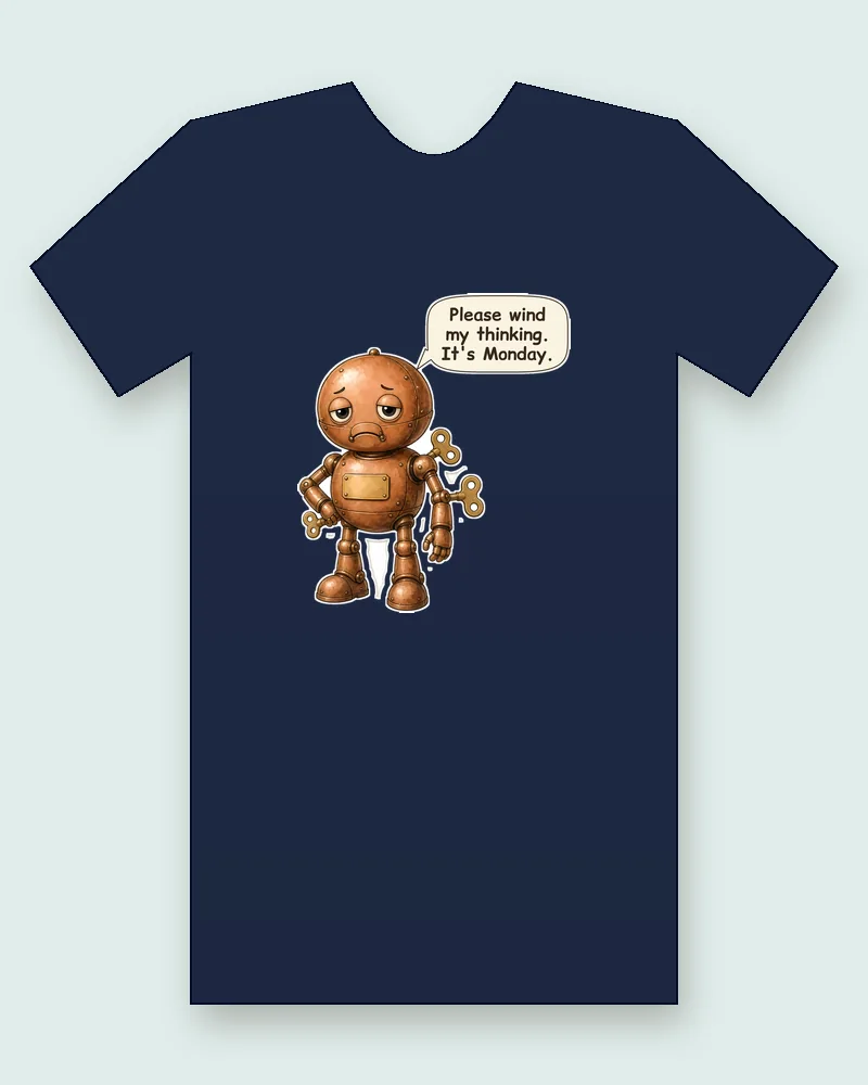 Clockwork Copper Man on a navy tee mockup