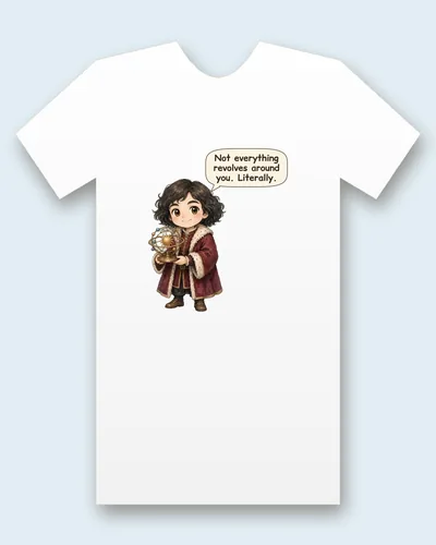 Nicolaus Copernicus tee mockup: Nicolaus Copernicus in a fur-trimmed scholar's robe, holding a small model of the planets circling the sun, saying “Not everything revolves around you. Literally.”