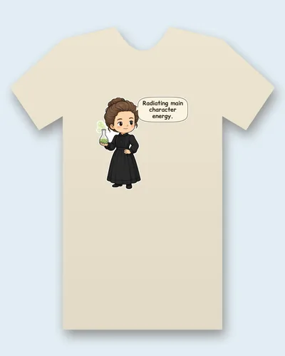 Marie Curie tee mockup: Marie Curie in a long black dress holding a glowing green flask, saying “Radiating main character energy.”