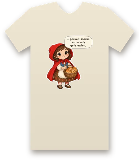 Little Red Riding Hood tee mockup: Little Red Riding Hood carrying a basket of bread, saying “I packed snacks so nobody gets eaten.”