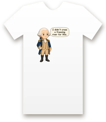 George Washington tee mockup: George Washington in a blue coat and powdered wig, one hand on his hip, saying “I didn't cross a freezing river for this”