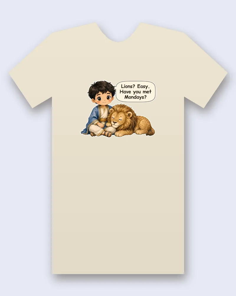 Daniel in the Lions' Den on a natural tee mockup