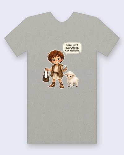 David tee mockup: the shepherd boy David with curly red hair and a sheepskin vest, holding a sling pouch and a smooth stone, with a little lamb beside him, saying “Size isn't everything. Ask Goliath.”