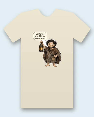 Diogenes tee mockup: Diogenes, a barefoot, shaggy-haired philosopher in a patched brown cloak, holding up a lit lantern, saying “Lantern's on. Still no honest man.”