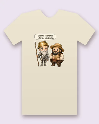 Don Quixote and Sancho Panza tee mockup: a white-bearded knight in dented steel armor with a brass basin for a helmet and a long lance, beside his round squire in a straw hat hugging a sack, saying “...Fine, windmills.”