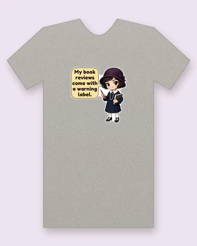 Dorothy Parker tee mockup: Dorothy Parker with a dark 1920s bob, a plum cloche hat, a navy drop-waist dress and pearls, holding a red pencil and a closed book, saying “My book reviews come with a warning label.”