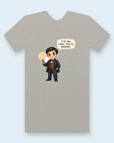 Thomas Edison tee mockup: Thomas Edison in a dark suit and brown waistcoat, holding up a glowing early light bulb, saying “I lit the room. You're welcome.”
