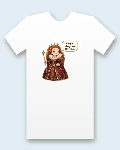 Elizabeth I tee mockup: Elizabeth I with curly red hair and a small crown, in a red and gold gown with a white lace ruff and pearls, holding a scepter, saying “Single, ruling, and thriving.”