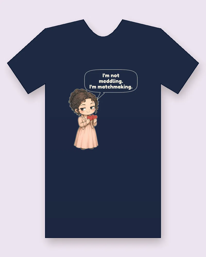 Emma Woodhouse on a navy tee mockup