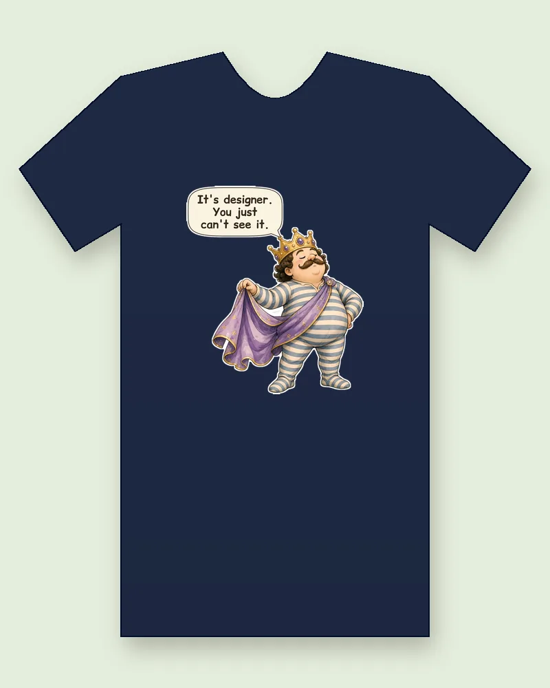 Andersen Emperor's New Clothes on a navy tee mockup