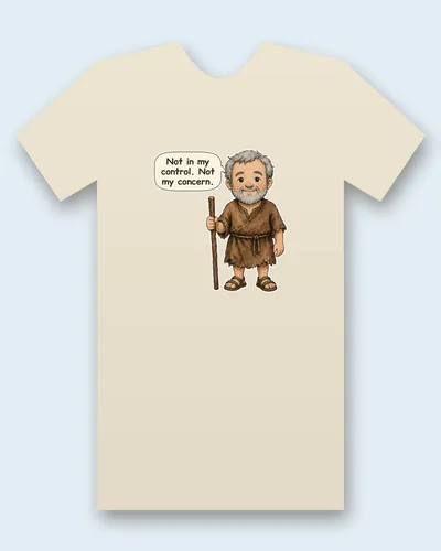 Epictetus tee mockup: Epictetus with gray hair and a beard, in a plain brown tunic tied with a rope, holding a tall wooden walking stick, saying “Not in my control. Not my concern.”
