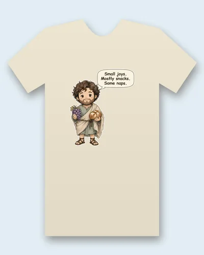Epicurus tee mockup: Epicurus with curly brown hair and a beard, in a sage-green tunic and a cream cloak, holding a bunch of purple grapes and a round loaf of bread, saying “Small joys. Mostly snacks. Some naps.”