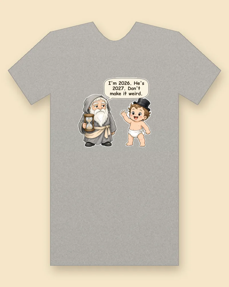 Father Time and Baby New Year on a heather gray tee mockup