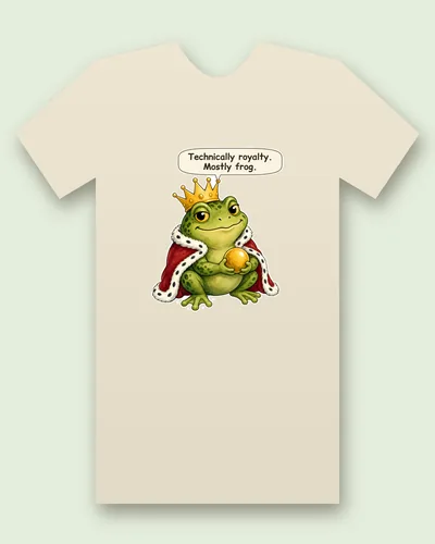 Frog Prince tee mockup: a chubby green frog in a gold crown and a red, ermine-trimmed royal cape, hugging a shiny golden ball, saying “Technically royalty. Mostly frog.”