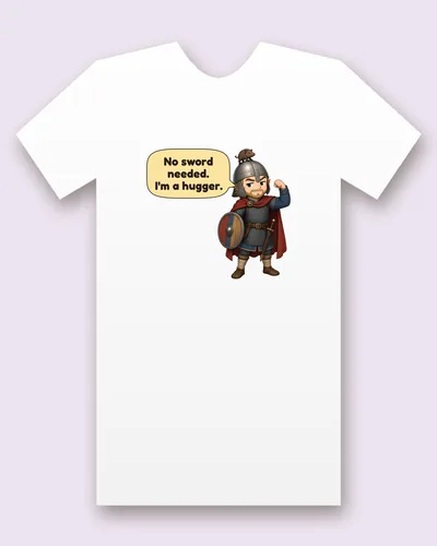 Geatish Warrior tee mockup: A Geatish warrior in a round iron helmet with a small boar crest, ring mail over a blue tunic and a red cloak, with a round painted shield, flexing one arm, saying “No sword needed. I'm a hugger.”