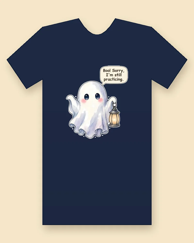 Little Lantern Ghost on a navy tee mockup