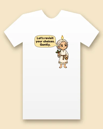 Ghost of Christmas Past tee mockup: A small ghostly figure with white hair and a flame on its head, in a white robe embroidered with summer flowers, holding holly in one hand and a brass candle-snuffer in the other, saying “Let's revisit your choices. Gently.”