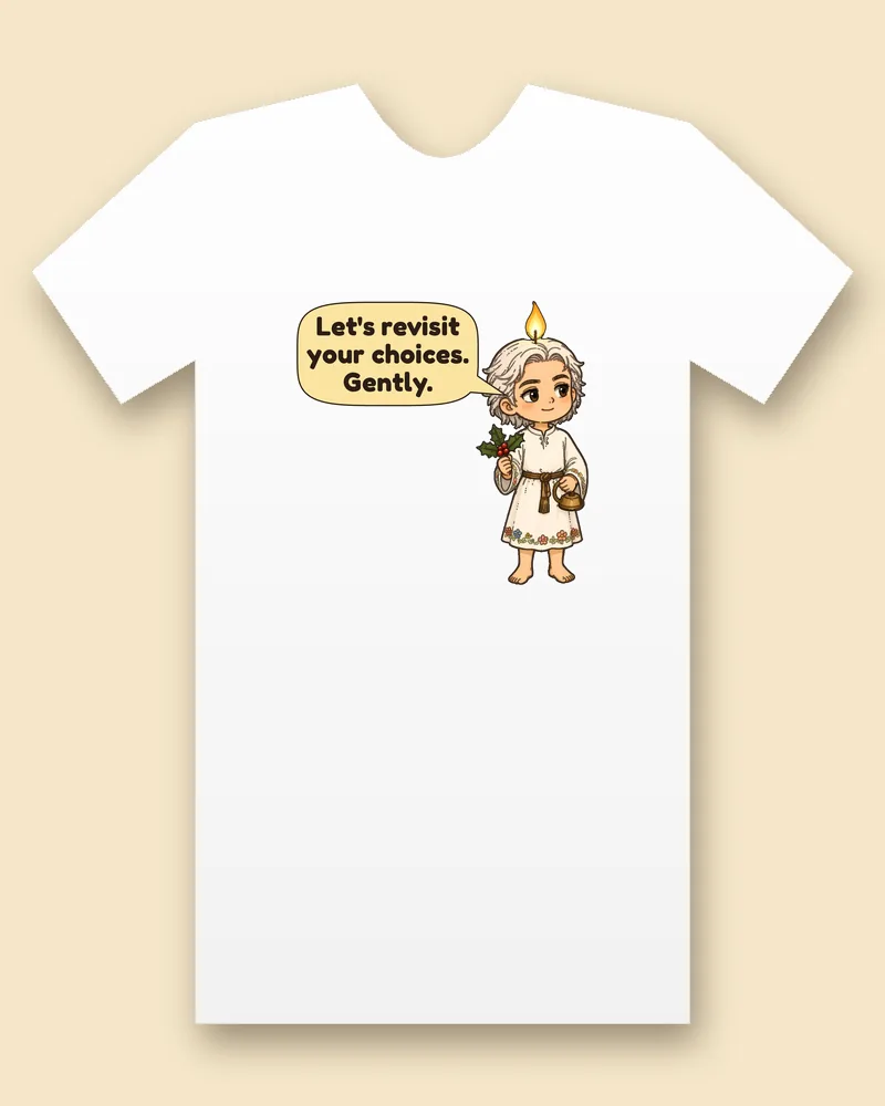 Ghost of Christmas Past on a white tee mockup
