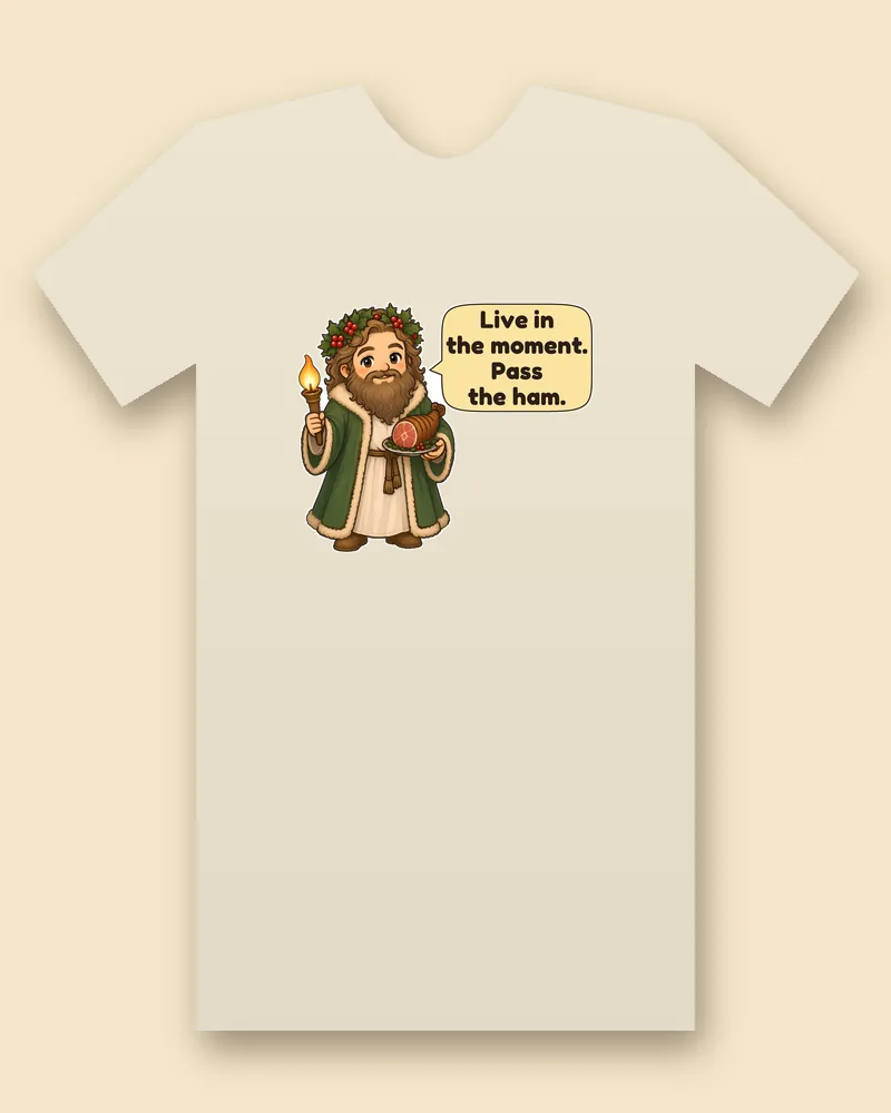 Ghost of Christmas Present on a natural tee mockup