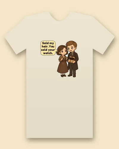 Gift of the Magi tee mockup: Della in a brown dress with a short bob, holding a long watch chain, beside Jim in a dark coat and tie with a small beard, holding a box of jeweled combs, saying “Sold my hair. You sold your watch.”