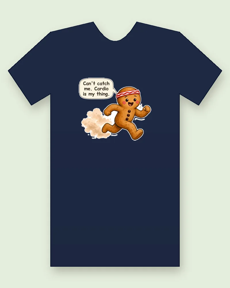 Runaway Gingerbread Man on a navy tee mockup