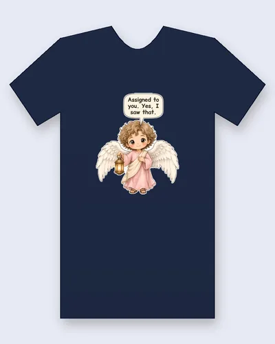 Guardian Angel tee mockup: an angel with golden brown curls, big white wings and a soft pink robe with a cream sash, holding a glowing lantern, one hand on the heart, saying “Assigned to you. Yes, I saw that.”