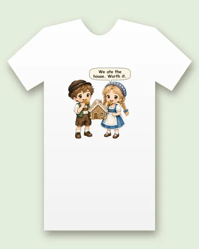 Hansel and Gretel tee mockup: Hansel in a felt hat, green vest and leather shorts and Gretel in a blue dirndl, white apron and flowered headscarf, crumbs on their cheeks, beside a gingerbread house with candy trim, saying “We ate the house. Worth it.”