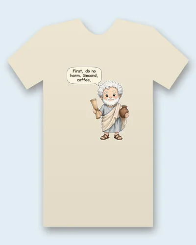 Hippocrates tee mockup: Hippocrates with a white beard, in a pale blue robe and tan wrap, holding a scroll and a clay jar, saying “First, do no harm. Second, coffee.”