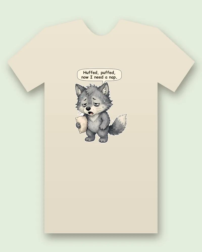 Huffing Puffing Wolf on a natural tee mockup