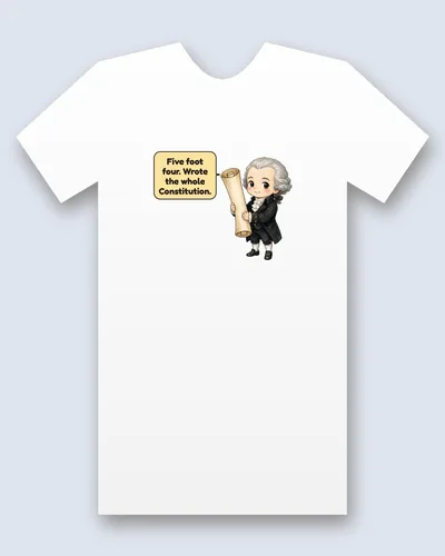 James Madison tee mockup: James Madison in a white powdered wig and black coat, hugging a rolled parchment almost as tall as he is, saying “Five foot four. Wrote the whole Constitution.”