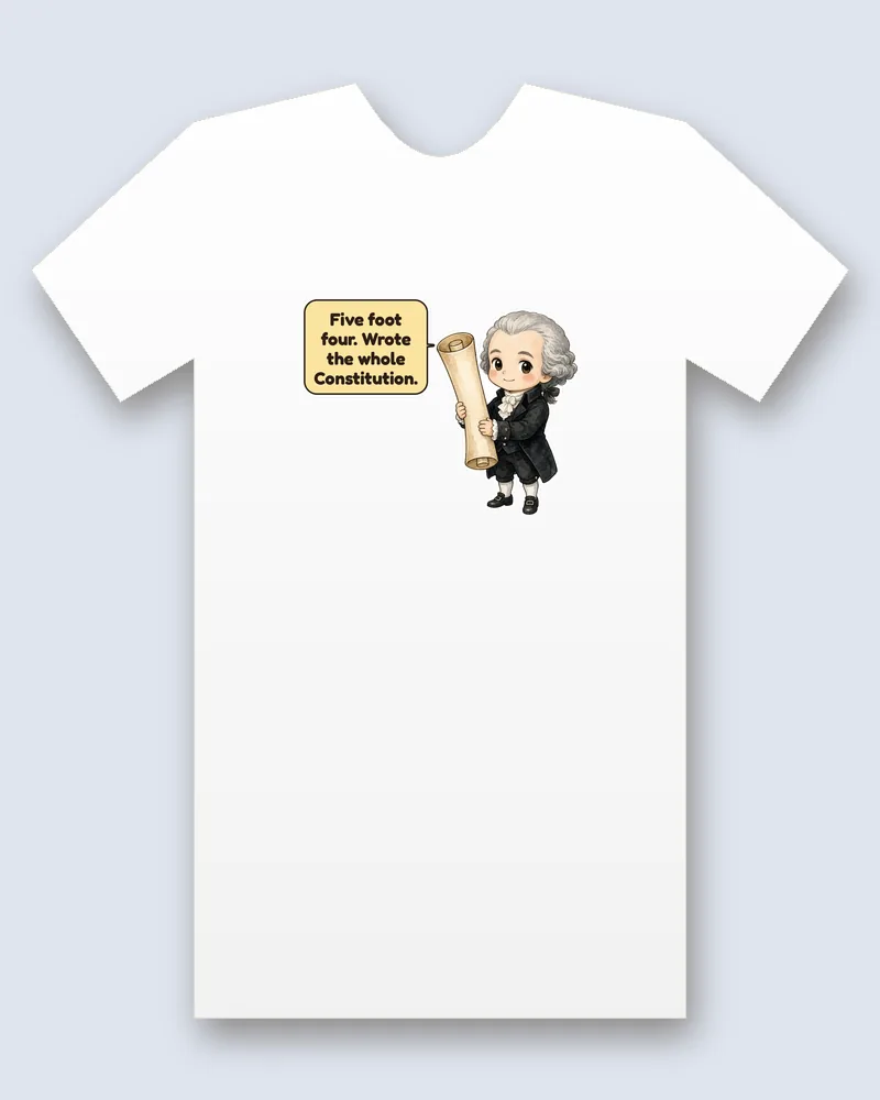 James Madison on a white tee mockup