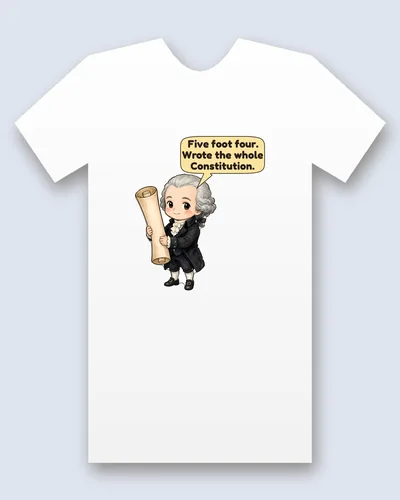 James Madison tee mockup: James Madison in a white powdered wig and black coat, hugging a rolled parchment almost as tall as he is, saying “Five foot four. Wrote the whole Constitution.”