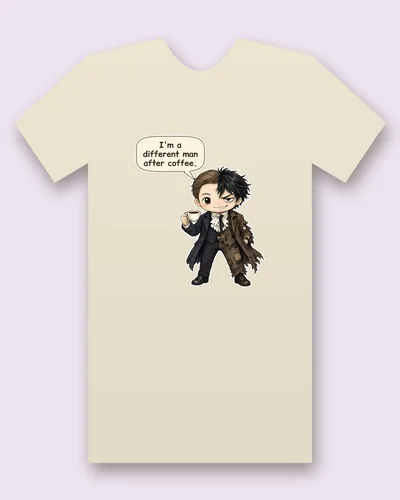 Doctor and His Other Half tee mockup: a little Victorian doctor split down the middle: one half neat and smooth-haired in a dark frock coat and white cravat, holding a cup of coffee, the other half wild-haired and scruffy in a torn, patched brown coat, saying “I'm a different man after coffee.”