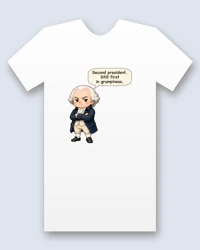 John Adams tee mockup: John Adams in a white wig and navy coat, arms crossed and frowning, saying “Second president. Still first in grumpiness.”